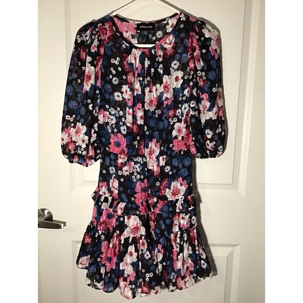 Sugar Lips Floral Ruffle Chiffon Fit & Flare Mini Dress Half Sleeve No Lining XS
